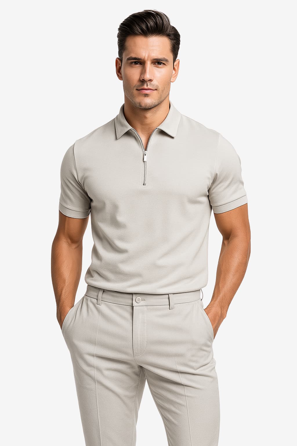 Men's Slim Fit Short Sleeve Zip-Up Polo Shirt Light Grey