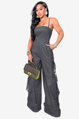 Women's Wide-Leg Cargo Jumpsuit with Spaghetti Straps