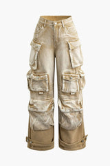 Women's Wide Leg Cargo Jeans High-Waisted Multi - Pocket