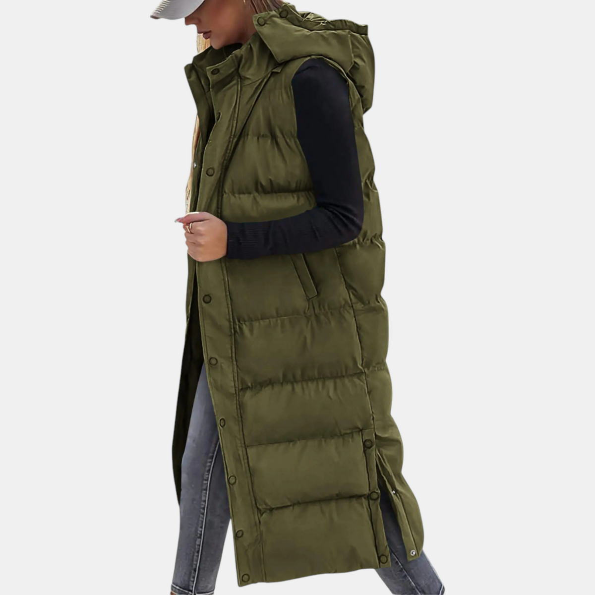 Quilted hooded maxi puffer vest