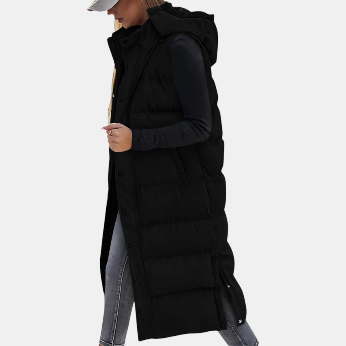 Quilted hooded maxi puffer vest