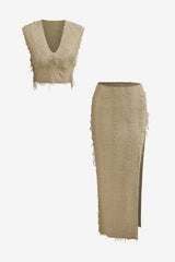 Women's V-Neck Fringed Crop Top &amp; Maxi Skirt Set
