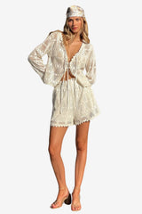 Women's Crochet Cardigan &amp; Shorts Set - Open Weave, Tie Front