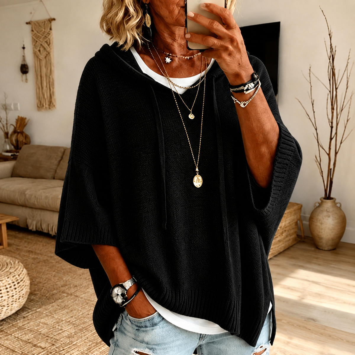 Hooded Knit Poncho Sweater - Black