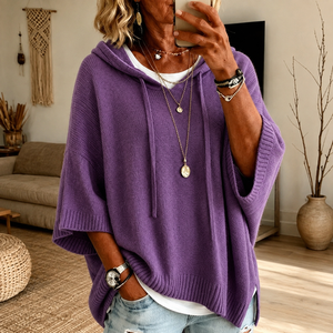 Hooded Knit Poncho Sweater - Purple