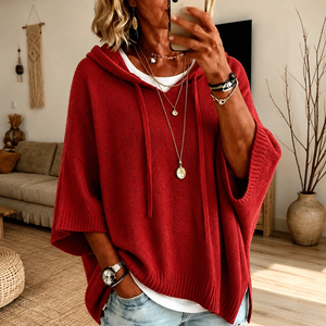 Hooded Knit Poncho Sweater - Red
