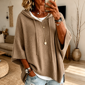 Hooded Knit Poncho Sweater - Taupe