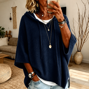 Hooded Knit Poncho Sweater - Navy Blue