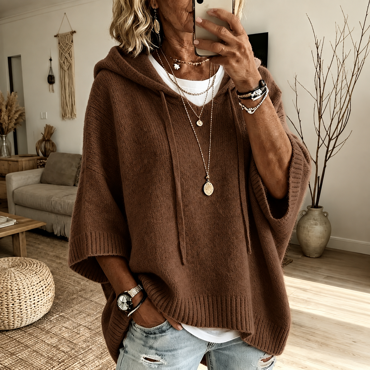 Hooded Knit Poncho Sweater - Brown