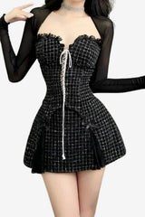 Women's Gothic Mini Dress with Sheer Sleeves &amp; Corset Lace-Up