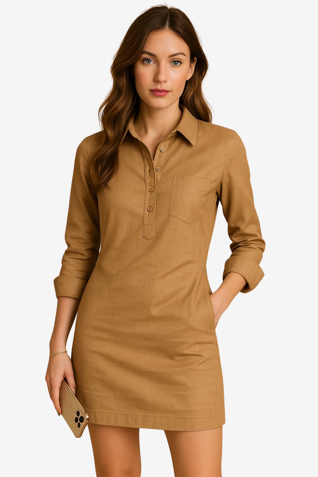 Women’s Long Sleeve Shirt Dress Button-Up Knee Length
