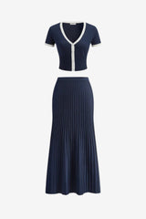 Women’s Knit Skirt Set V-Neck Top &amp; Pleated Midi Skirt