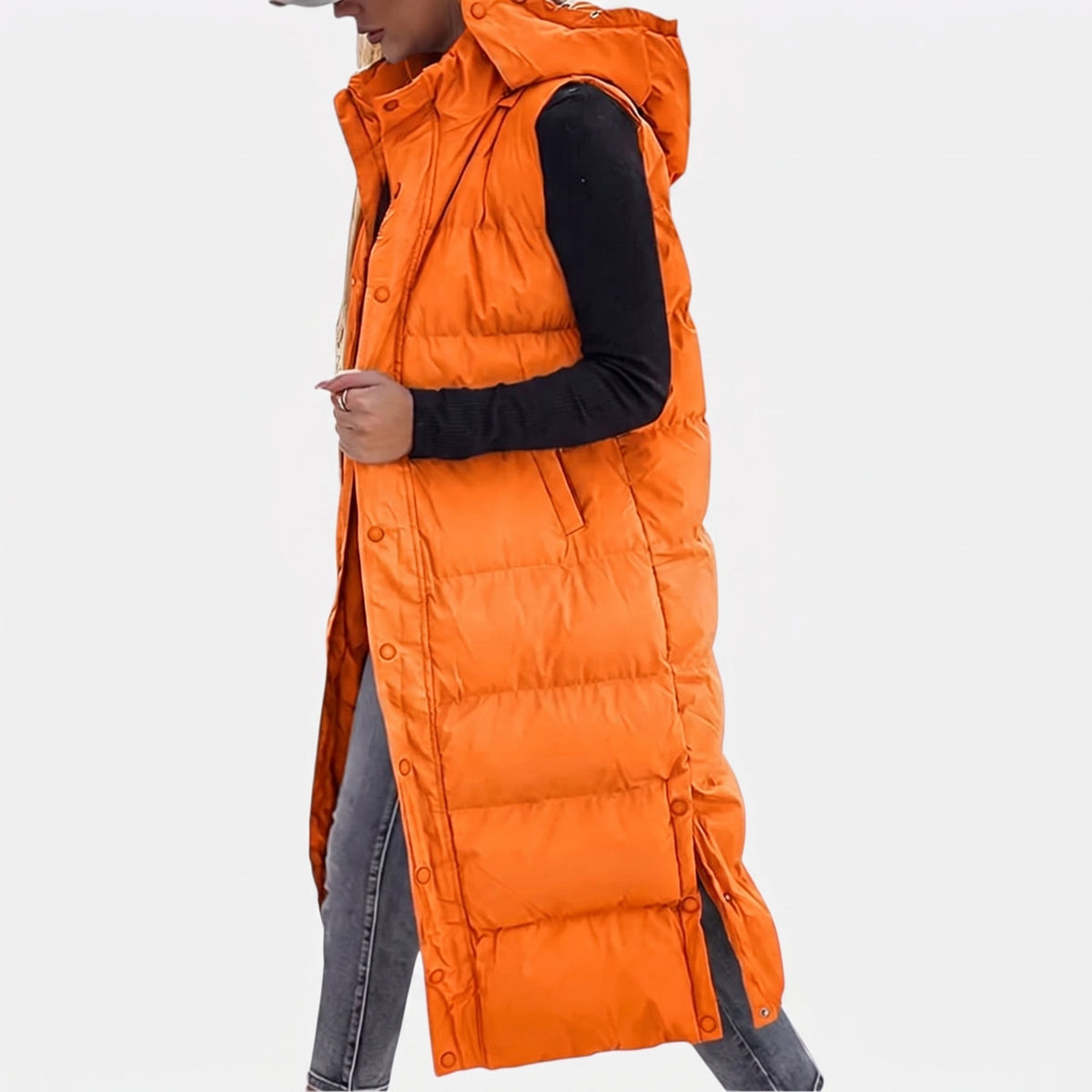 Quilted hooded maxi puffer vest
