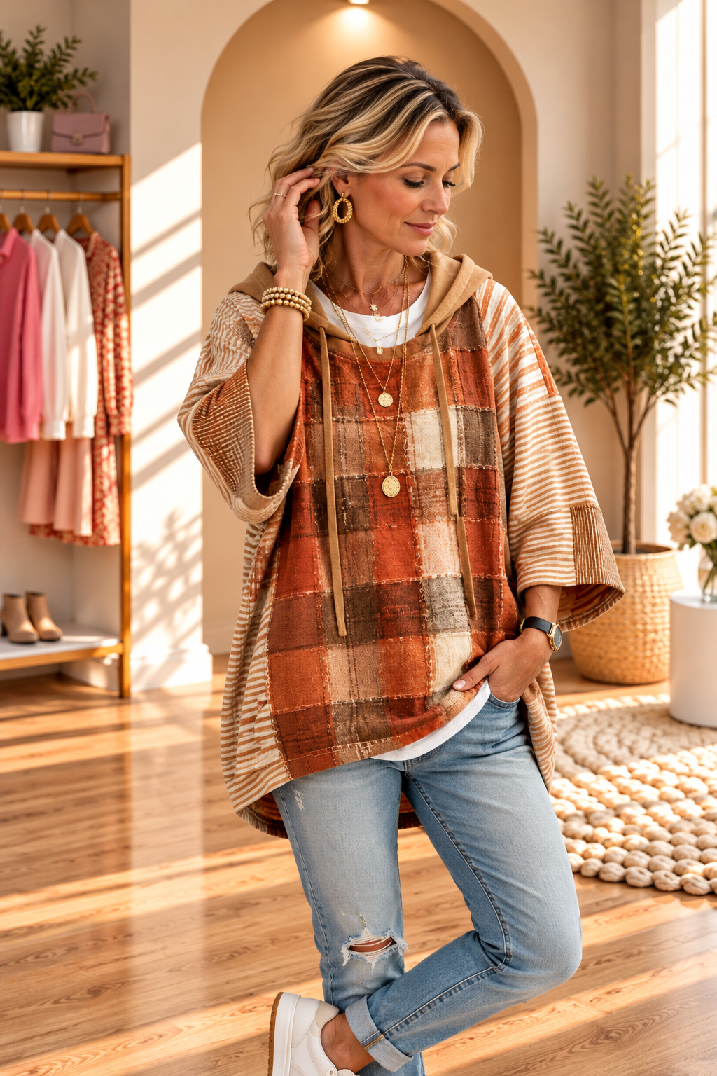 Simona | Autumn-Toned Patchwork Oversized Hoodie