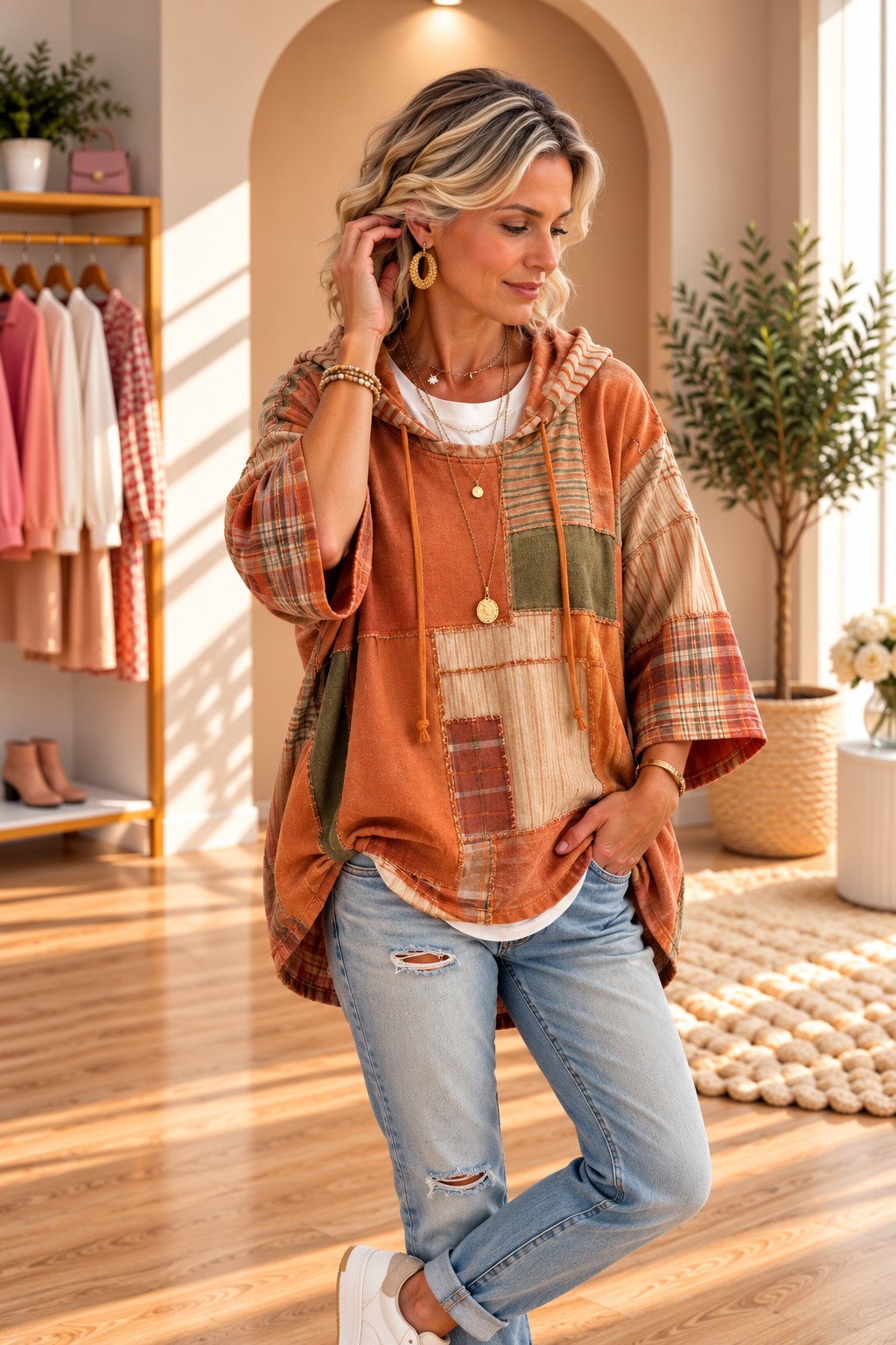 Sorina | Autumn-Toned Patchwork Oversized Hoodie