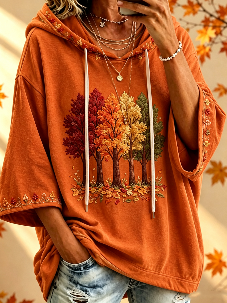 Maria Autumn-Print Oversized Hoodie - Orange
