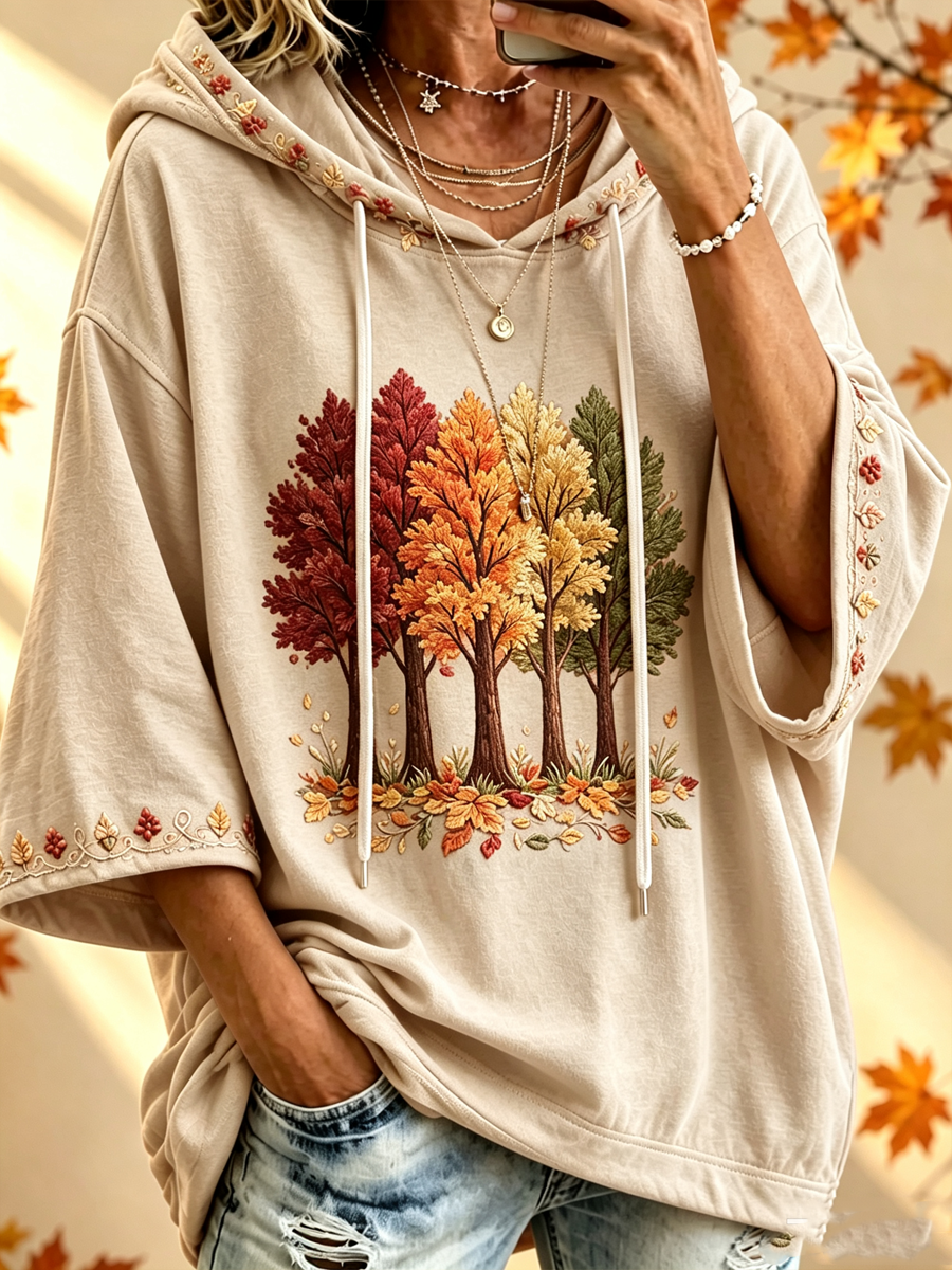 Maria Autumn-Print Oversized Hoodie - Beige